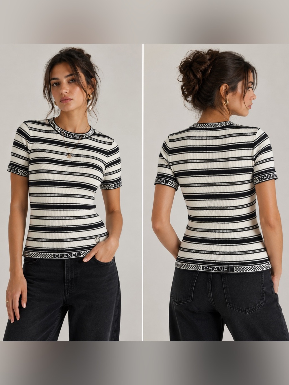 CHANEL Black & White Striped Short Sleeve Knit Tee